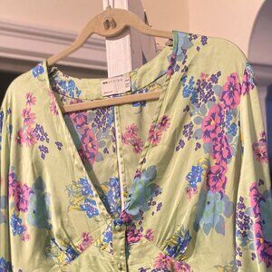 Satin button midi tea dress in green base floral print (size 14)